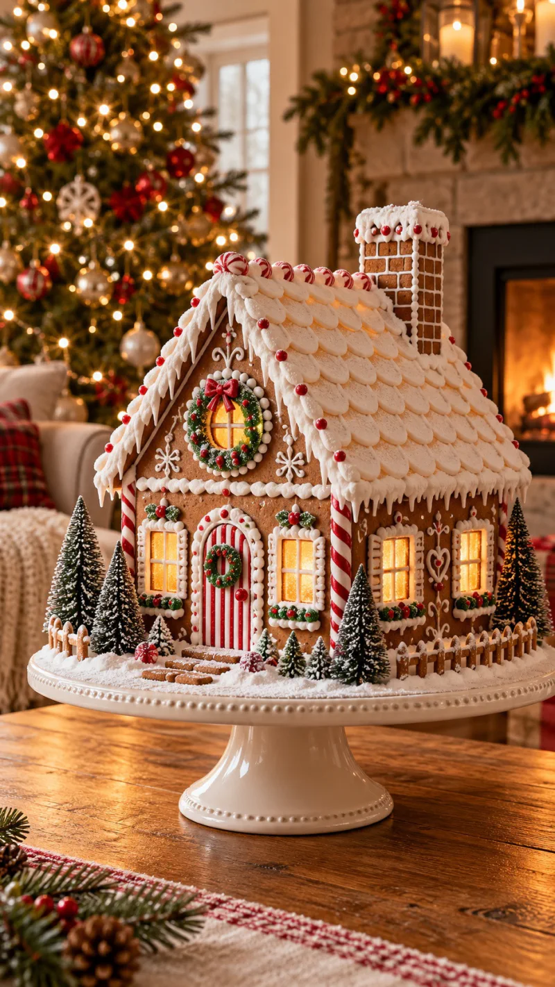 A Classic Snowy Cottage With Candy Cane Trim