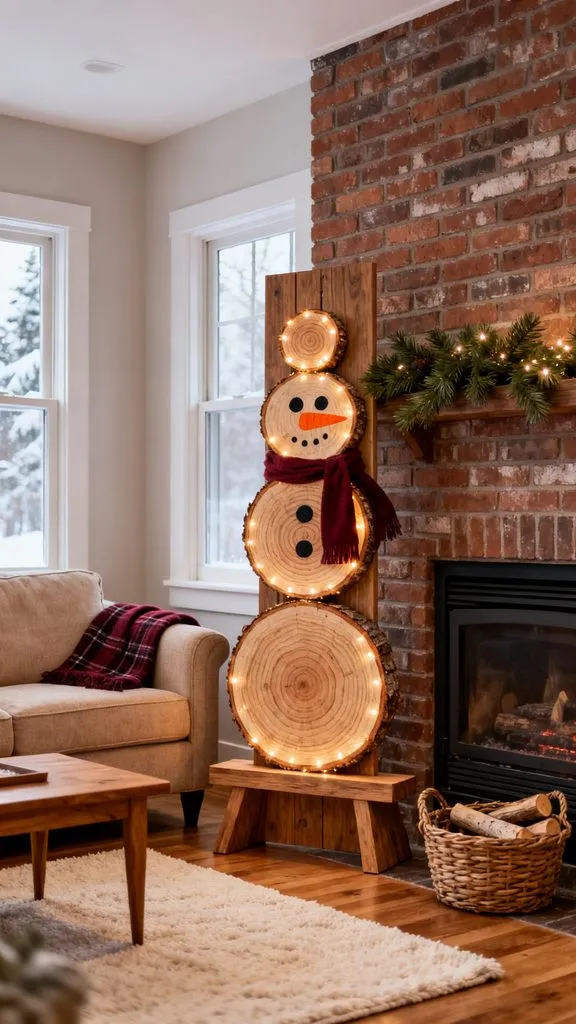 Wood slice snowman with warm light rings and burgundy scarf beside a rustic brick fireplace